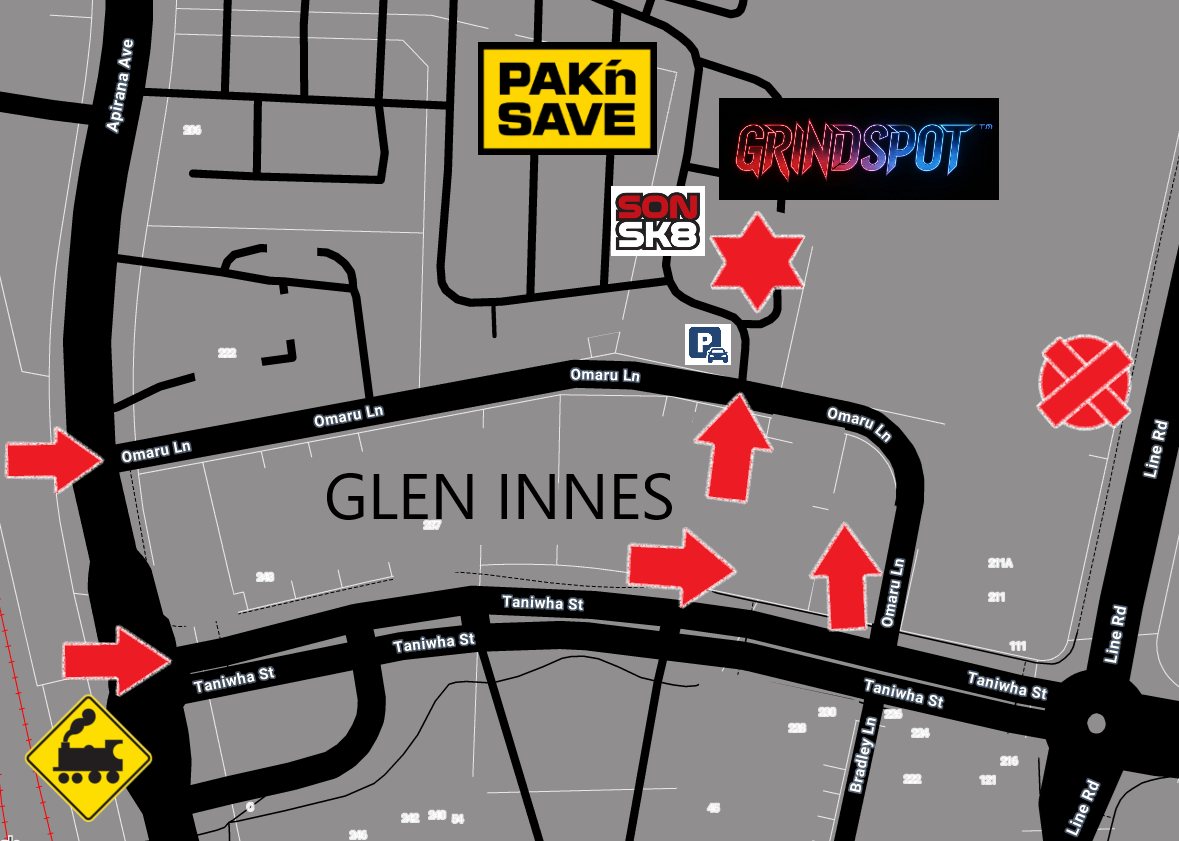 Map showing Grindspot Studios and the Omaru Lane entrance